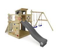 WICKEY Wooden climbing frame Smart Camp with swing set & anthracite slide, Outdoor kids playhouse with sandpit, climbing ladder & play-accessories for the garden