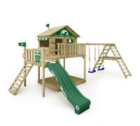 WICKEY Wooden climbing frame Smart Ocean with swing set & green slide, Outdoor kids playhouse with sandpit, climbing ladder & play-accessories for the garden