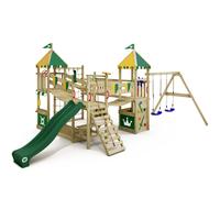 WICKEY Wooden climbing frame Smart Queen with swing set, green-yellow tarp & green slide, Outdoor kids playhouse with sandpit, climbing ladder & play-accessories for the garden