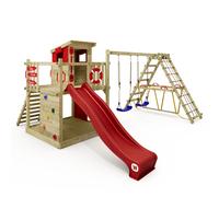 WICKEY Wooden climbing frame Smart Surf with swing set & red slide, Outdoor kids playhouse with sandpit, climbing ladder & play-accessories for the garden