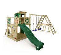 WICKEY Wooden climbing frame Smart Surf with swing set & green slide, Outdoor kids playhouse with sandpit, climbing ladder & play-accessories for the garden