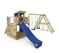 WICKEY Wooden climbing frame Smart Surf with swing set & blue slide, Outdoor kids playhouse with sandpit, climbing ladder & play-accessories for the garden