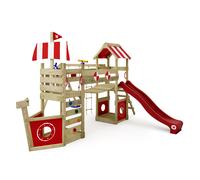 WICKEY Wooden climbing frame StormFlyer with swing set & red slide, Outdoor kids playhouse with sandpit, climbing ladder & play-accessories for the garden