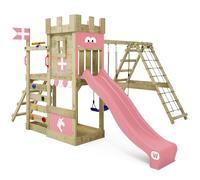 WICKEY Wooden Climbing Frame DragonFlyer with swing set & Slide, Outdoor Kids Playhouse with Sandpit, Climbing Ladder & Play-Accessories for The Garden - pink pastel