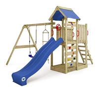 WICKEY Wooden climbing frame MultiFlyer with swing set & blue slide, Outdoor kids playhouse with sandpit, climbing ladder & play-accessories for the garden