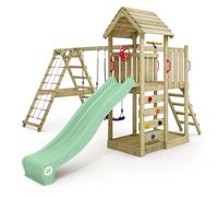 WICKEY Wooden climbing frame RocketFlyer with swing set & slide, Outdoor kids playhouse with sandpit, climbing ladder & play-accessories for the garden - green pastel