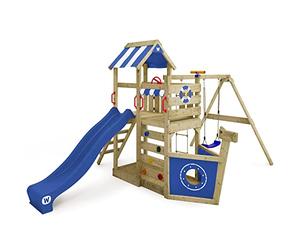 WICKEY Wooden climbing frame SeaFlyer with swing set & blue slide, Outdoor kids playhouse with sandpit, climbing ladder & play-accessories for the garden