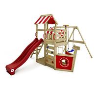 WICKEY Wooden climbing frame SeaFlyer with swing set & red slide, Outdoor kids playhouse with sandpit, climbing ladder & play-accessories for the garden