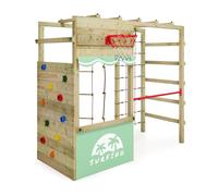 Wickey Wooden climbing frame Smart Action, Outdoor kids playhouse with basketball hoop, climbing ladder and rope & play-accessories for the garden - green pastel