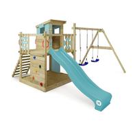 WICKEY Wooden climbing frame Smart Camp with swing set & slide, Outdoor kids playhouse with sandpit, climbing ladder & play-accessories for the garden - blue pastel