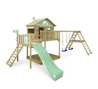 WICKEY Wooden climbing frame Smart Ocean with swing set & slide, Outdoor kids playhouse with sandpit, climbing ladder & play-accessories for the garden - green pastel
