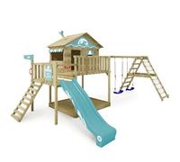 WICKEY Wooden climbing frame Smart Ocean with swing set & slide, Outdoor kids playhouse with sandpit, climbing ladder & play-accessories for the garden - blue pastel