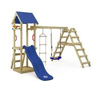 WICKEY Wooden climbing frame TinyLoft with swing set & blue slide, Outdoor kids playhouse with sandpit, climbing ladder & play-accessories for the garden