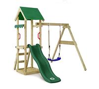 WICKEY Wooden climbing frame TinyWave with swing and green slide, Outdoor kids playhouse with sandpit, climbing ladder & play-accessories for the garden