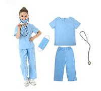 Wiclin Doctor Role Play Costume Blue Scrubs for Unisex Children With Top,Pants and Stethoscope.(M 7-9 Years)