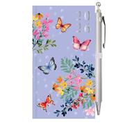 Widdle Gifts 2026 Slimline Week To View Diary and Pen - Purple with Butterflies, suitable for Home, Bag, Office or School