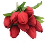 Widdle Gifts 9Pcs Artificial Tulips Fake Silk Flowers Realistic Bridal Bouquets with Single Long Plastic Stems for Arrangement Wedding Table Centerpiece Party Home Decor (Red 1097)