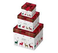 Widdle Gifts Christmas 3 Pack Gift Boxes with Lift off Lids with Ribbon Sizes 12cm - 14cm - 16cm - Tartan Reindeers Design 4766