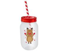 Widdle Gifts Christmas Mason Jar and Straw - Re-useable Sturdy Plastic Childrens Mason Jar (Reindeer)