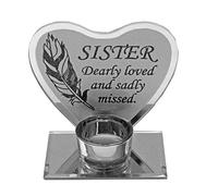 Widdle Gifts Feather Design Memorial Glass Heart Tea Light Plaque - Sister