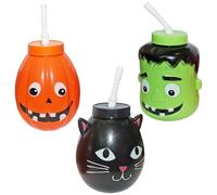 Widdle Gifts Halloween Re-useable Drinking Cups with Straws Set of 3 Pumpkin Cat Frankenstein 2567