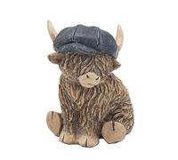 Widdle Gifts Reflections Bronze Resin Animal Ornament - 12cm Highland Cow With Blue Hat 6556