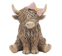 Widdle Gifts Reflections Bronze Resin Animal Ornament - 12cm Highland Cow With Pink Bow 6525