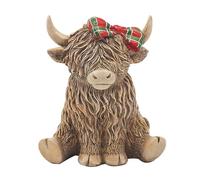 Widdle Gifts Reflections Bronze Resin Animal Ornament - 12cm Highland Cow With Tartan Bow 6549