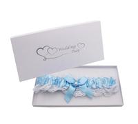 Widdle Gifts Wedding Garter Gift Boxed for Bride Blue Satin with White Lace and Pearl Bead Keepsake