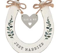 Widdle Gifts Wooden 'Just Married' Wedding Horseshoe White with Hanging Heart 1154