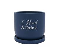 Flower Pot Planter Ceramic With Saucer I Need A Drink Round Navy Blue Cactus