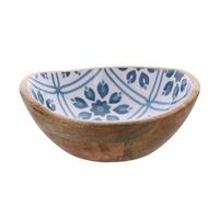 Widdop and Co Country Living - Mango Wood Bowl with Blue Flowers Patterned Interior - Food Safe Dinner Bowl - Kitchen & Dining/Gifting & Homeware - H: 8cm x W: 15cm.