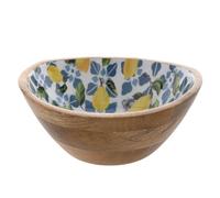 Widdop and Co Country Living - Mango Wood Bowl with Lemons Patterned Interior - Food Safe Dinner Bowl - Kitchen & Dining/Gifting & Homeware - H: 8cm x W: 15cm. (Lemons)