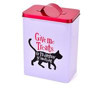 Widdop and Co Fun, Humorous Cat Biscuit Treat Storage Tin - Give Me Treats - White, Black, Metallic Red - 22.5cm