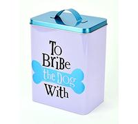 Widdop and Co Fun, Humorous Dog Biscuit Treat Storage Tin - To Bribe the Dog With - White, Black, Metallic Aqua Blue - 22.5cm