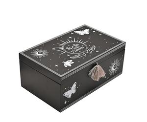 Widdop and Co Juliana Mystic Legends Black Wooden Spells & Potion Box | Celestial Keepsake Storage with Moon, Stars & Butterfly Design | Witchy Decor Gift with Tassel Accent