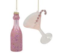 Widdop and Co. - Set of 2 Glass Tree Decorations - Girls Night - Wine Bottle & Cocktail Glass - Christmas Xmas Ornament Holiday Decor - Alternative Homeware Friends, Family H: 19cm x W: 4cm x D: 4cm
