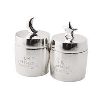 Widdop Bambino Silver Plated Barrel Shaped Tooth and Curl Keepsake Boxes with Beautiful Gift Box and Pouch - Star and Moon Design - First Tooth Keepsake Baby Newborn First Curl