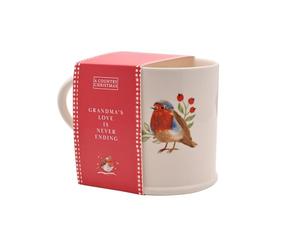 Widdop Ceramic Robin Mug - Grandma’s Love is Never Ending - Festive Christmas Coffee & Tea Cup with Watercolour Bird Illustration - Decorative Winter Drinkware & Thoughtful Gift