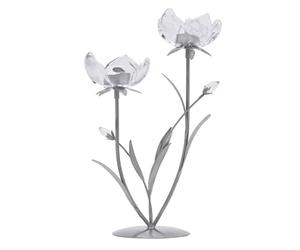Widdop & Co. Hestia 2 Stem Candle Holder - 36cm Tall Silver Metal Base with Clear Glass Flower Cups - Elegant Floral Design Tealight Holder for Home Décor, Mantel or Table Centrepiece
