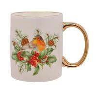 Widdop Fine China Robin Christmas Mug with Gold Handle - Festive Winter Bird Cup with Holly & Pinecone Design - Seasonal Drinkware & Gift Idea