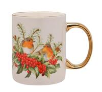 Widdop Fine China Two Robin Christmas Mug with Gold Handle - Festive Bird Cup with Holly & Berries - Seasonal Drinkware & Gift Idea