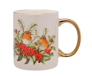 Widdop Fine China Two Robin Christmas Mug with Gold Handle - Festive Bird Cup with Holly & Berries - Seasonal Drinkware & Gift Idea