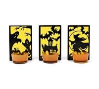 Widdop Gifts Halloween Set Of 3 Glass Tea Light Holders - Orange And Yellow Ghosts, Haunted Houses, Bats And Witches Design