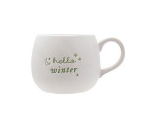 Widdop Hello Winter Ceramic Mug - Cosy White Speckled Cup with Seasonal Green Lettering - Festive Hot Drink Mug for Tea, Coffee & Hot Chocolate