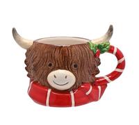 Widdop Highland Cow 3D Christmas Mug - Sculpted Novelty Animal Cup with Red Scarf & Holly Handle - Fun Festive Drinkware & Gift