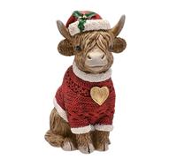 Widdop Highland Cow Christmas Figurine Sitting - Festive Resin Ornament with Red Sweater & Santa Hat - Rustic Country Christmas Decoration for Shelves, Mantelpieces & Displays