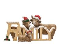 Widdop Highland Cow Family Figurine - Festive Resin Christmas Decoration with ‘FAMILY’ Sign, Santa Hats & Rustic Country Design