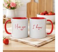 Widdop Pair Of Stoneware Red Handle Mugs- I Love You I Know