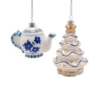 Widdop Set of 2 Blue & White Glass Baubles - Elegant Teapot & Christmas Tree Hanging Decorations for a Chinoiserie-Inspired Festive Display
